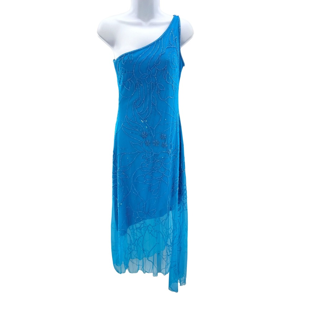 Vtg Cache One Shoulder Beaded Mesh Dress Turquoise Blue Asymmetrical Y2K Gown S